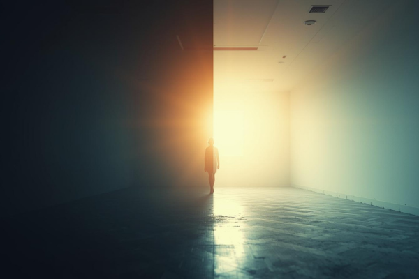 Left side: shadowed or muted tones symbolizing hesitation or stigma Right side: bright, welcoming environment showing openness and calm Left side: shadowed or muted tones symbolizing hesitation or stigma Right side: bright, welcoming environment showing openness and calm