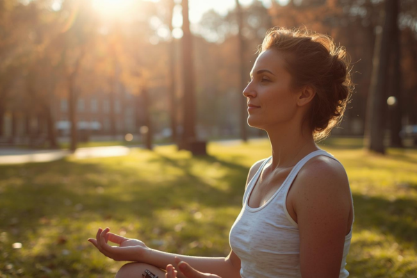 Person practicing relaxation or mindfulness in a peaceful setting Natural environment such as a park, beach, or quiet indoor space Calm facial expression and relaxed posture Person practicing relaxation or mindfulness in a peaceful setting Natural environment such as a park, beach, or quiet indoor space Calm facial expression and relaxed posture