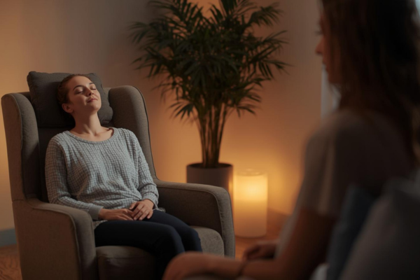 Calm therapy room with a client relaxed in a chair Practitioner guiding the session professionally Soft lighting, neutral and calming atmosphere Calm therapy room with a client relaxed in a chair Practitioner guiding the session professionally Soft lighting, neutral and calming atmosphere
