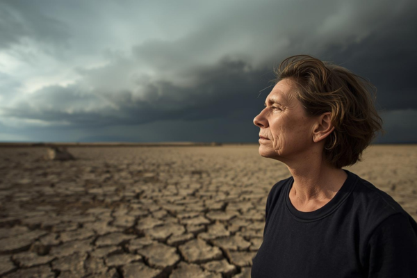 Person standing in nature looking concerned or reflective Environmental elements like dry landscape, changing weather, or forest setting Natural but serious tone Person standing in nature looking concerned or reflective Environmental elements like dry landscape, changing weather, or forest setting Natural but serious tone