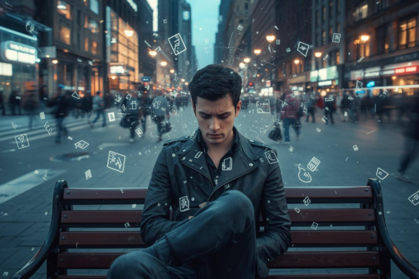 Person sitting in an urban environment surrounded by digital devices or notifications Slight motion blur of people or traffic around them Subject looking overwhelmed or thoughtful Person sitting in an urban environment surrounded by digital devices or notifications Slight motion blur of people or traffic around them Subject looking overwhelmed or thoughtful