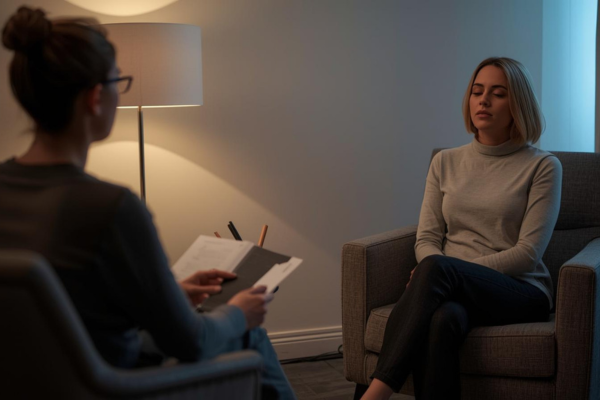 Therapist and client seated in a calm discussion  Notebook, therapy materials, or wellness environment  Comfortable professional setting