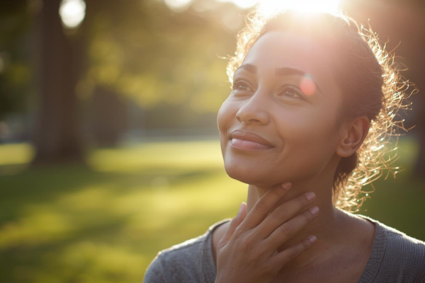 Person appearing thoughtful, calm, or relieved after reflection  Natural setting like a park or quiet room  Gentle light and peaceful expression