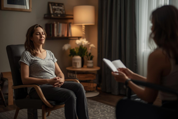 Calm therapy room Client relaxed with eyes closed Hypnotherapist guiding the session Calm therapy room Client relaxed with eyes closed Hypnotherapist guiding the session