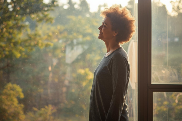 Person standing calmly in nature or near a window with natural light Relaxed posture and peaceful facial expression Person standing calmly in nature or near a window with natural light Relaxed posture and peaceful facial expression