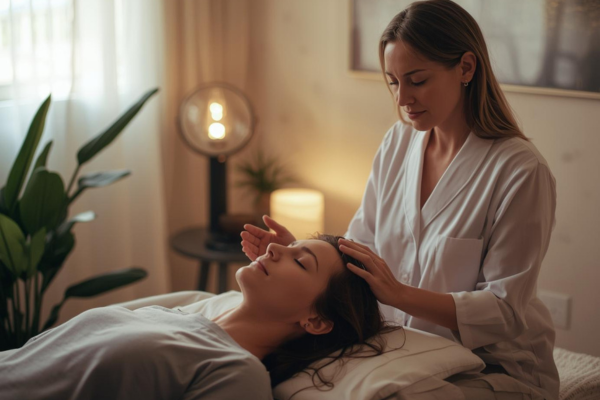 Calm therapy room Client relaxed with eyes closed Hypnotherapist guiding the session Calm therapy room Client relaxed with eyes closed Hypnotherapist guiding the session
