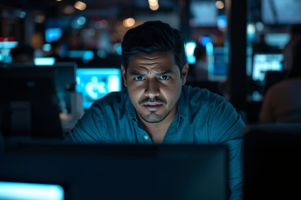 Person looking overwhelmed while holding a phone or sitting with multiple devices nearby Urban or work environment Person looking overwhelmed while holding a phone or sitting with multiple devices nearby Urban or work environment