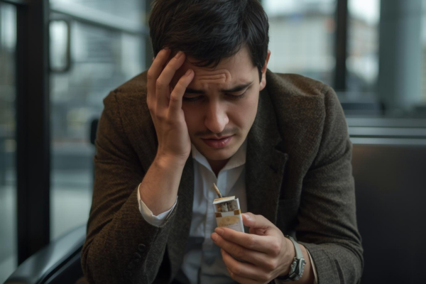 Person breaking a cigarette in half or throwing a pack into a trash bin  Clean, simple background