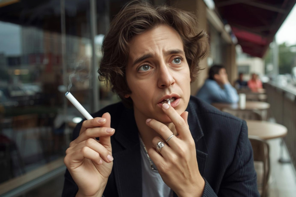 Person holding a cigarette while looking thoughtful or conflicted  Everyday setting like outside in café