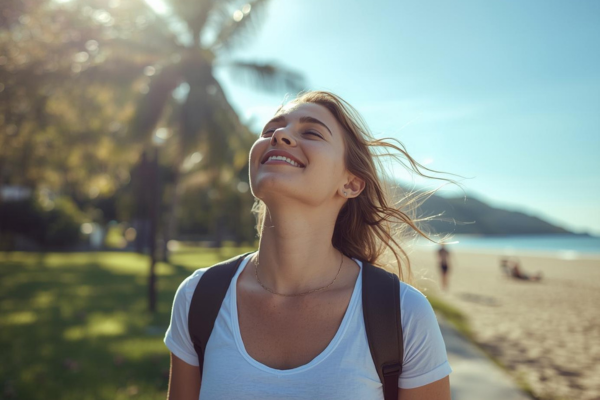 Person walking outdoors confidently, breathing deeply, or enjoying fresh air  Bright natural environment beach.