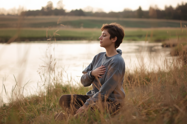 A person sitting peacefully in nature (e.g., by the water or a quiet field), eyes closed, hand over heart. Concept: Acceptance, stillness, and inner peace as the starting point of change.