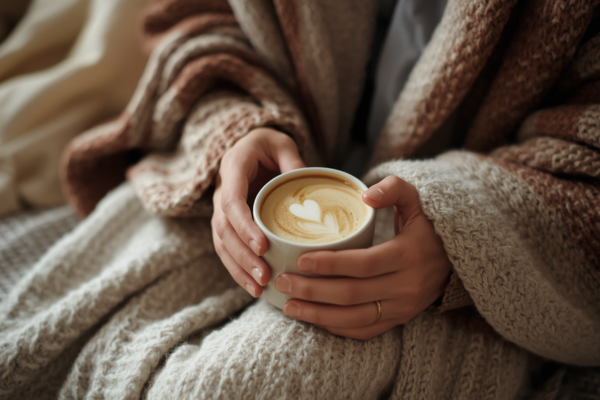 A person wrapped in a blanket, holding a warm drink, sitting comfortably—symbolizing self-care and gentleness.