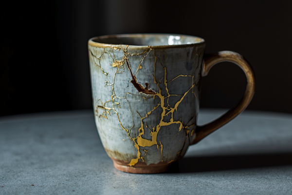 A cracked ceramic mug or broken pottery repaired with visible gold lines (kintsugi style), placed on a simple table. Concept: Imperfections make something more beautiful and valuable.