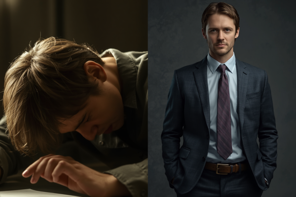 A split scene of the same person—left side looking exhausted and overwhelmed, right side standing upright, calm, and confident.
