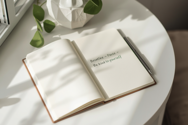 A clean workspace or bedside table with a journal, pen, and a short handwritten checklist (e.g., “Breathe • Pause • Be Kind to Yourself