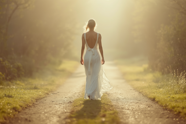 woman is walking in the forest