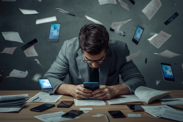 A person sitting at a desk with multiple phones, notifications, and papers floating or surrounding them—head in hands, overwhelmed.