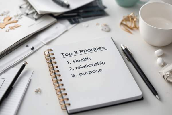 A clean desk with a notebook showing a short “Top 3 Priorities” list, while other tasks around it are blurred or crossed out.