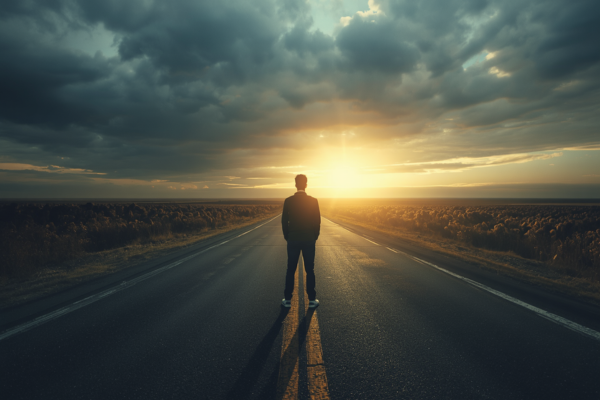 A person standing at a crossroads—one path plain and crowded, the other open and intentional (e.g., leading toward sunlight or a clear horizon).
