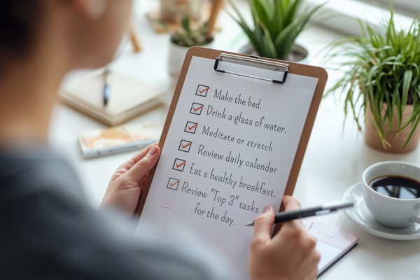 A person actively working with a simple checklist, some items checked off, showing progress—not perfection.