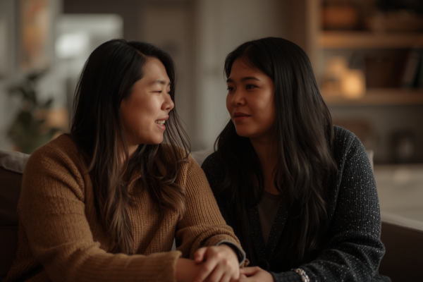 A person opening up emotionally to a trusted friend (e.g., sitting side by side, one listening with empathy). Concept: Strength through openness and connection.