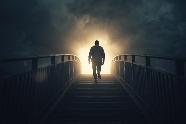 A person stepping forward onto a path, bridge, or staircase with light ahead. Concept: Beginning despite fear.