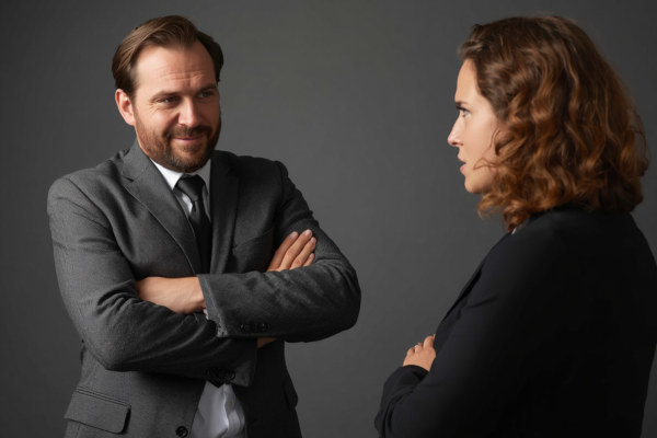 Two people in discussion—one with arms crossed and defensive posture, slightly turned away. Concept: Ego and defensiveness blocking connection.