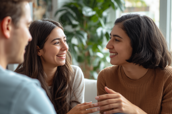 Two people having a genuine conversation, smiling naturally, with relaxed body language. Concept: Deeper connection through authenticity.