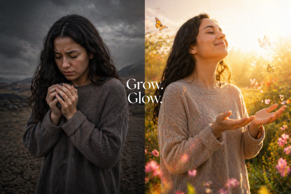 Left — a person holding something small tightly (tense, guarded). Right — the same person with open hands, surrounded by light or nature.
