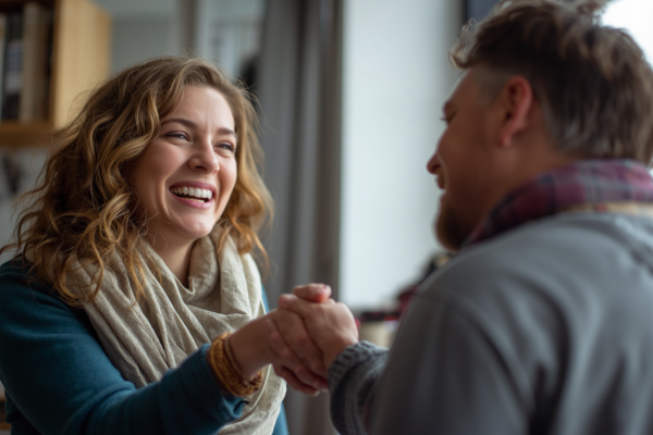 Two people sharing a genuine moment—one expressing thanks while the other smiles warmly (e.g., handshake or heartfelt gesture).