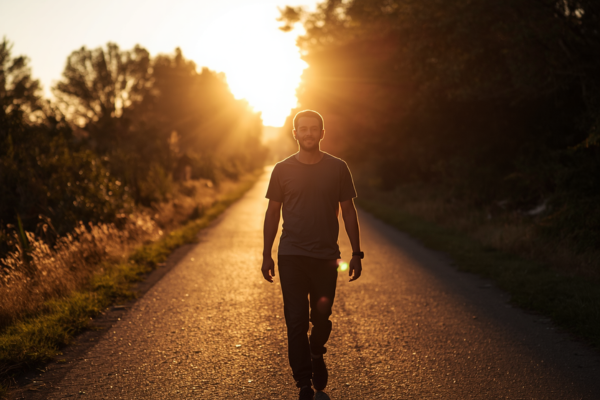 A person walking forward on a path or road, sunlight ahead, relaxed posture.