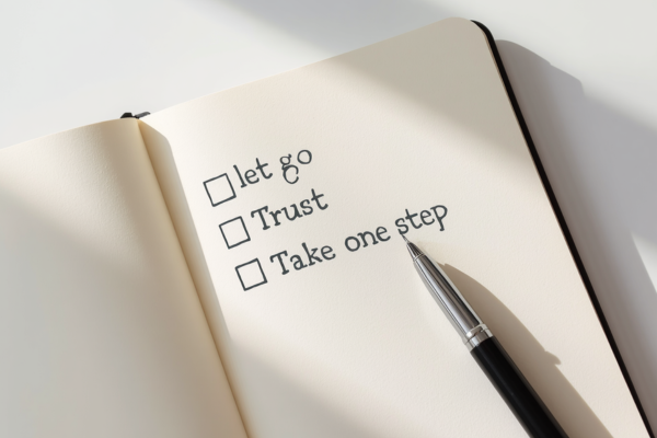 A simple checklist on a notebook: “Let go • Trust • Take one step,” with a pen actively checking items off. A simple checklist on a notebook: “Let go • Trust • Take one step,” with a pen actively checking items off.