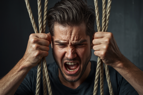A person tightly gripping multiple ropes or strings connected to different objects, looking tense and exhausted. A person tightly gripping multiple ropes or strings connected to different objects, looking tense and exhausted.