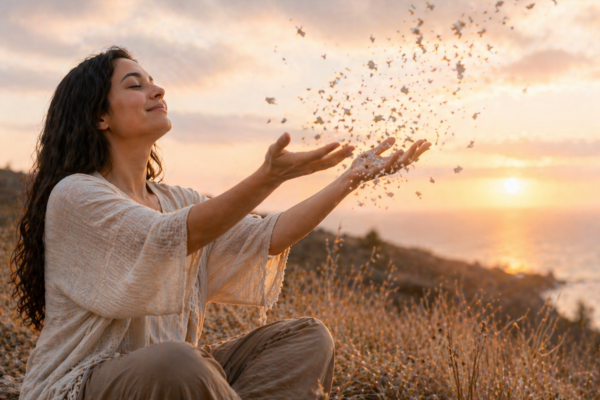 A person sitting calmly with open hands, releasing something (like sand or papers) into the air. A person sitting calmly with open hands, releasing something (like sand or papers) into the air.