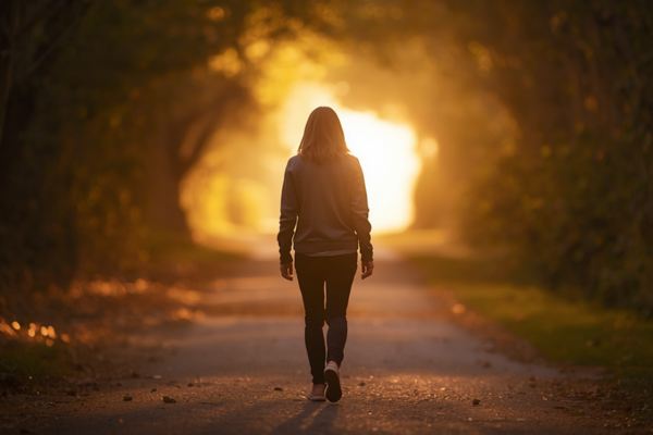 A person walking along a path with soft light ahead, relaxed and steady pace. A person walking along a path with soft light ahead, relaxed and steady pace.