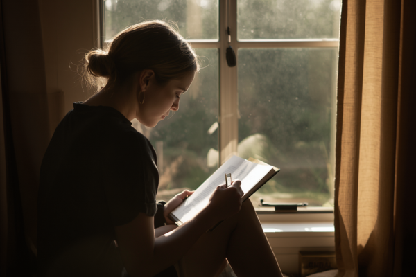 A person journaling quietly by a window, morning light coming in. A person journaling quietly by a window, morning light coming in.
