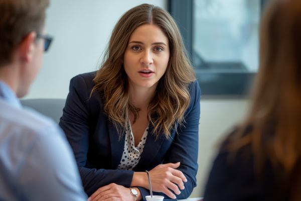 A person speaking confidently in a conversation or meeting, leaning slightly forward with intention. A person speaking confidently in a conversation or meeting, leaning slightly forward with intention.