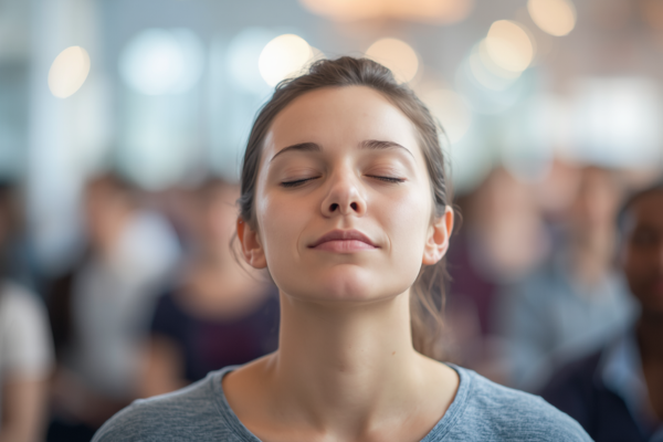 A person practicing deep breathing or meditation, eyes closed, calm expression, with a soft blur of a previously chaotic environment fading. A person practicing deep breathing or meditation, eyes closed, calm expression, with a soft blur of a previously chaotic environment fading.