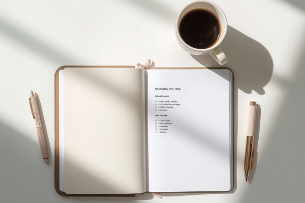A clean morning routine setup—journal, coffee, sunlight—with a short visible list like “Gratitude • Focus • Action.” A clean morning routine setup—journal, coffee, sunlight—with a short visible list like “Gratitude • Focus • Action.”