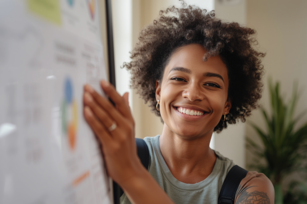 A person checking off a goal or task (e.g., workout, work task) with a visible sense of satisfaction (smile or relief). A person checking off a goal or task (e.g., workout, work task) with a visible sense of satisfaction (smile or relief).