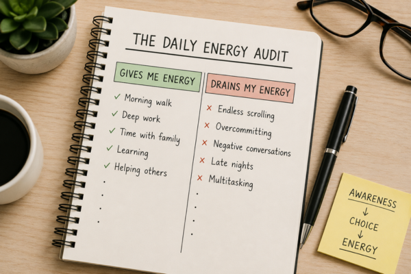 A notebook page divided into two columns: “Gives Me Energy” and “Drains My Energy,” with a pen beside it.