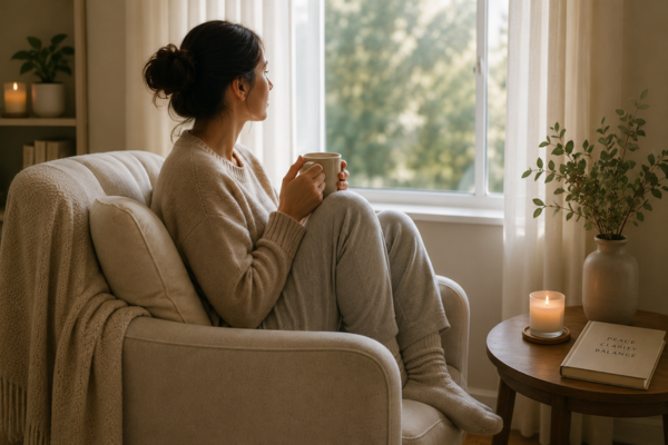 A person choosing rest over overwhelm—sitting peacefully by a window or in a calm room, away from devices.