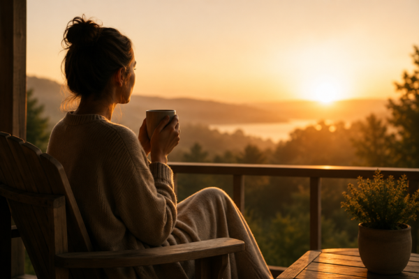 A person sitting quietly with coffee or tea during sunrise, no phone or distractions visible.
