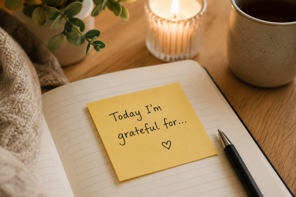 Close-up of a gratitude journal or sticky note with “Today I’m grateful for…” written on it.