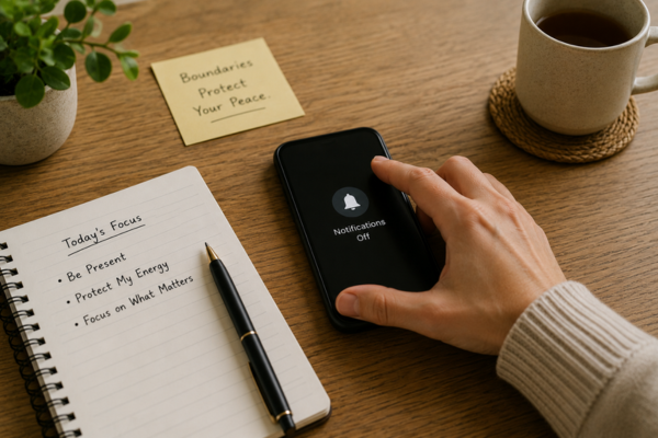 A person turning off phone notifications or placing a phone face down beside a notebook.