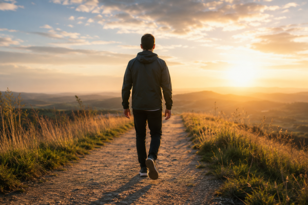 A person confidently walking outdoors toward sunlight or an open path.