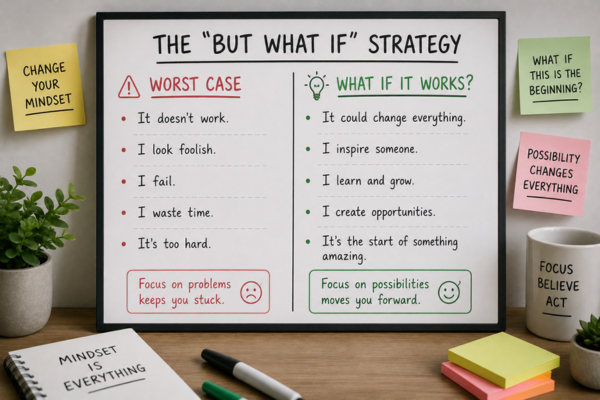 A split-note or whiteboard showing two columns: “Worst Case” vs. “What If It Works?”