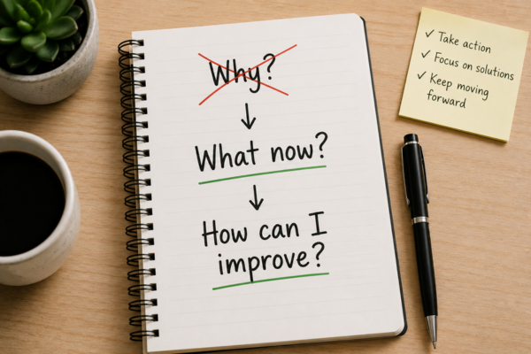 A notebook showing a crossed-out “Why?” replaced with “What now?” and “How can I improve?”