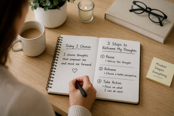 A person journaling with a visible checklist such as “Pause • Reframe • Take Action.”