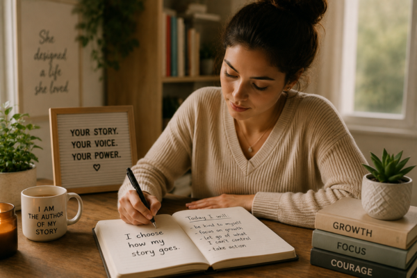 A person writing confidently in a journal or notebook, with an intentional and focused expression.